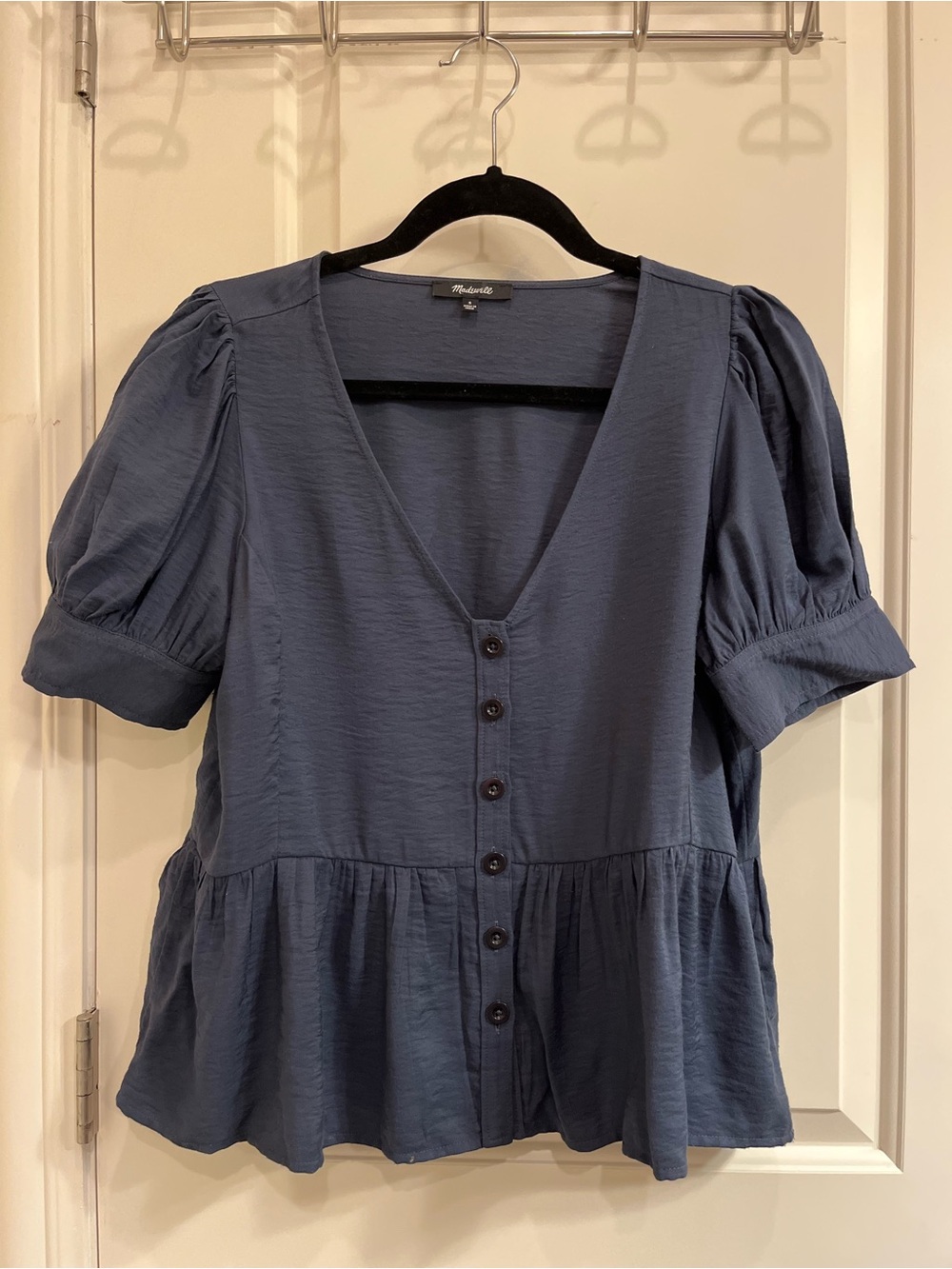 Madewell Drapeweave Puff Sleeve Peplum Blouse Blue/Gray Neck Button Front Small